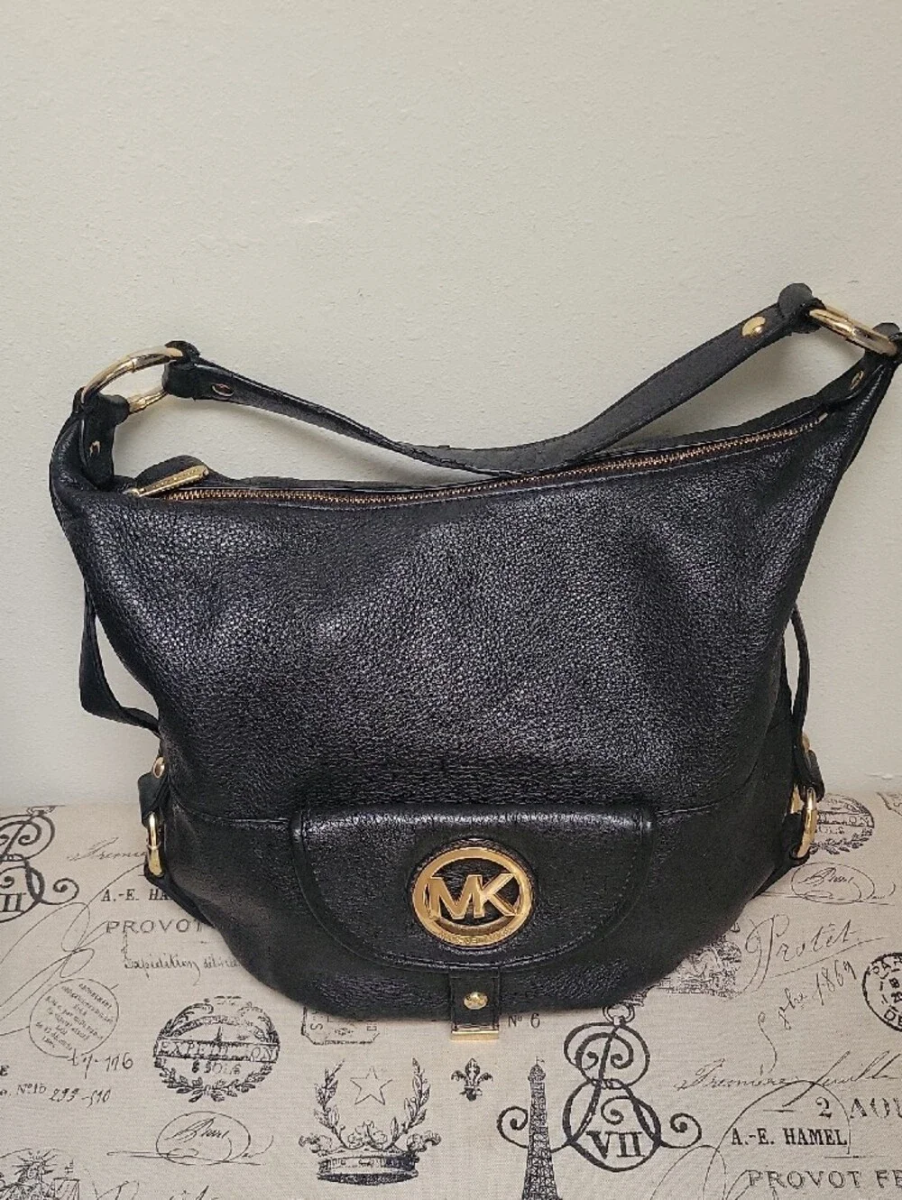 Michael Kors Black Pebbled Leather Shoulder Bag with Gold MK Emblem